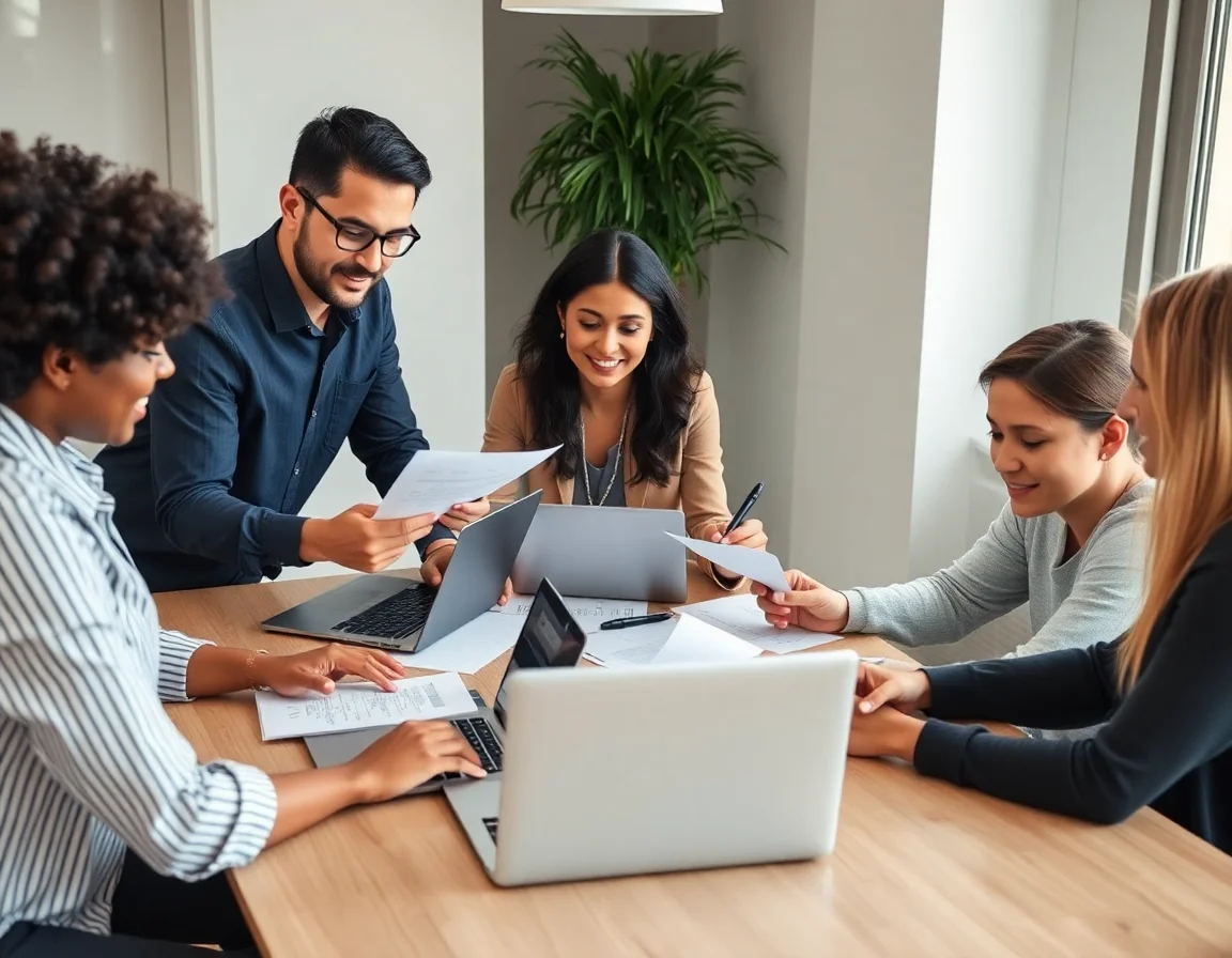 A diverse team collaborating around a table with laptops and financial documents.
