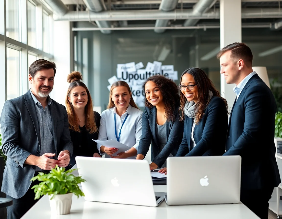 A diverse team collaborating in a modern office environment