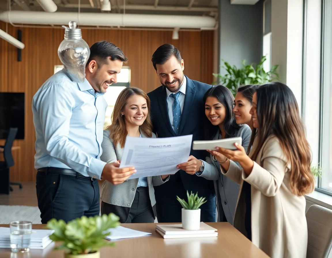 A diverse team of professionals in a modern office collaborating on a financial plan.