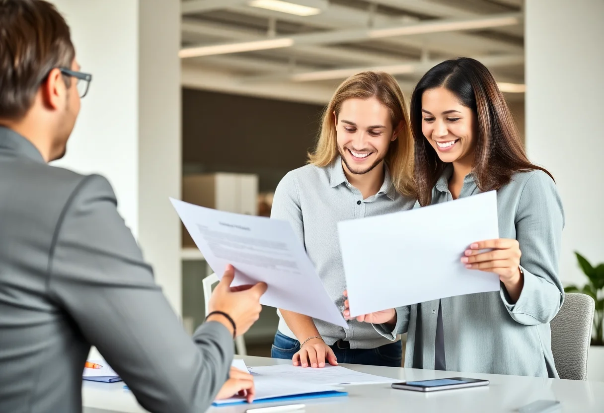 A smiling couple reviewing financial documents with a consultant in a bright, modern office