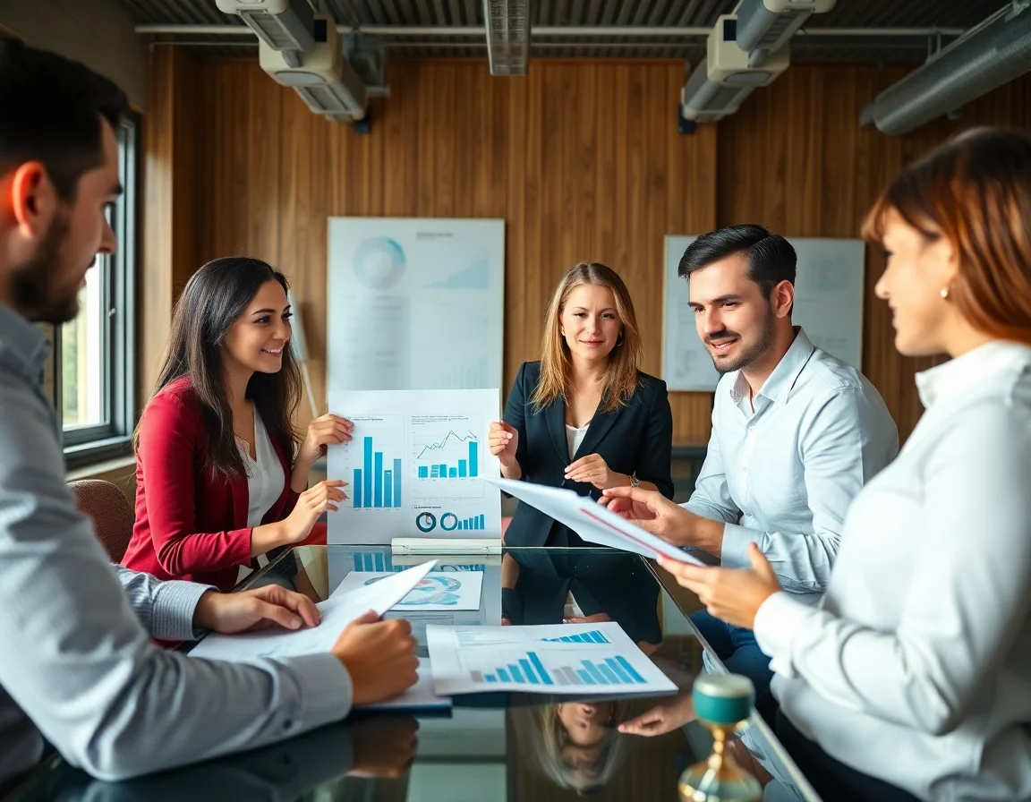 A team of professionals in a meeting discussing charts and graphs