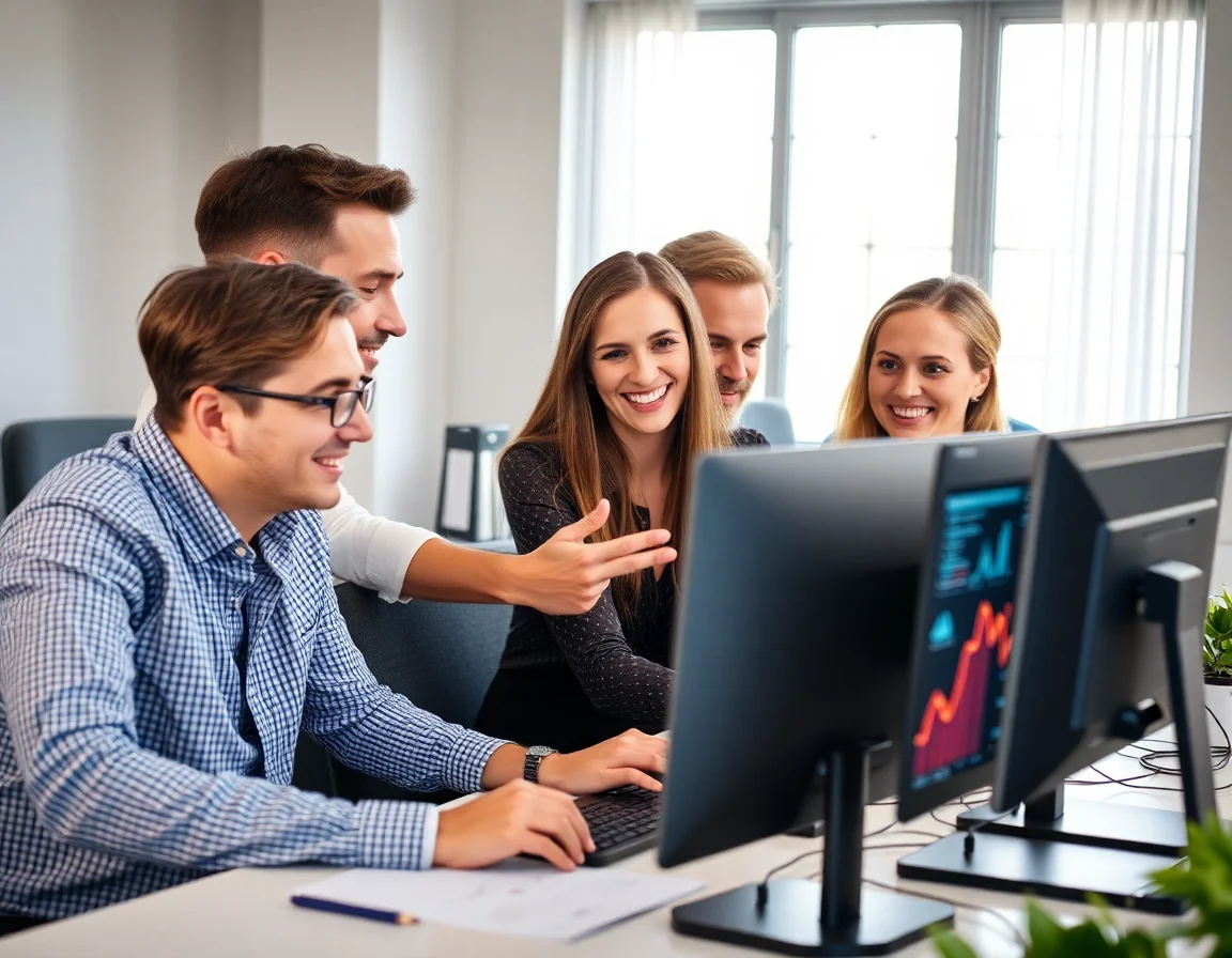 A team working collaboratively on a computer, symbolizing data processing and website analytics.