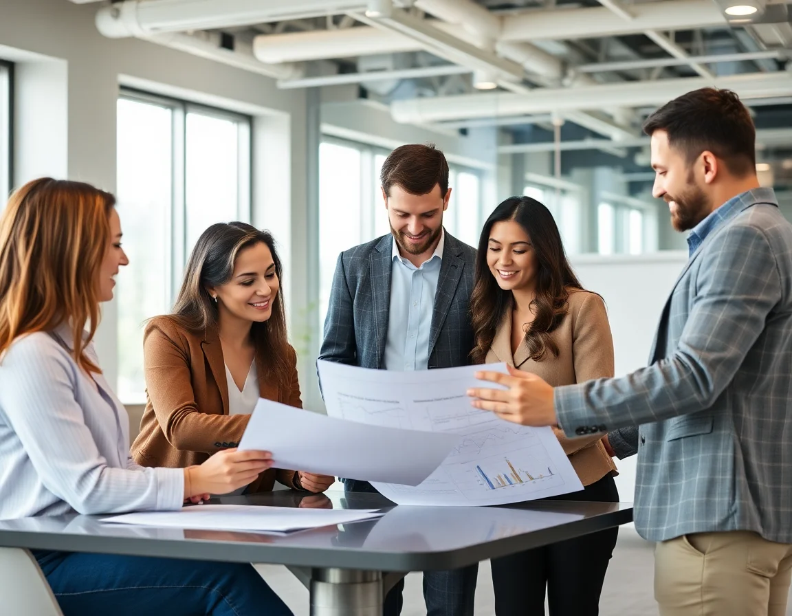 Diverse team in a modern office collaborating on a financial plan