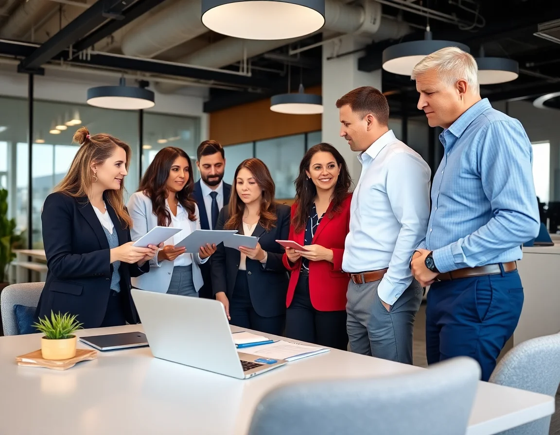 Diverse team of financial advisors collaborating in a modern office